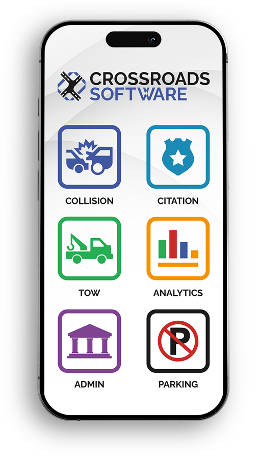 Crossroads mobile app showing collision, citation, tow, and analytics options