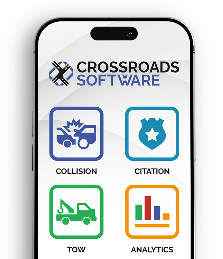 Crossroads mobile app showing collision, citation, tow, and analytics options